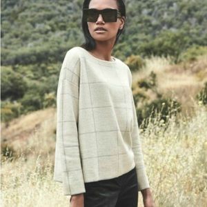 Eileen Fisher windowpane merino wool bateau neck sweater in cream/bone/gray